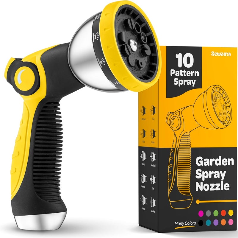 SEWANTA Hose Nozzle [Yellow] Heavy Duty Hose Sprayer With 10 Adjustable Watering Patterns. Thumb Control Design, Comfortable Ergonomic Grip, Garden Hose Nozzle for Watering Plants & Lawns/Fun showers/Cleaning - Image 1
